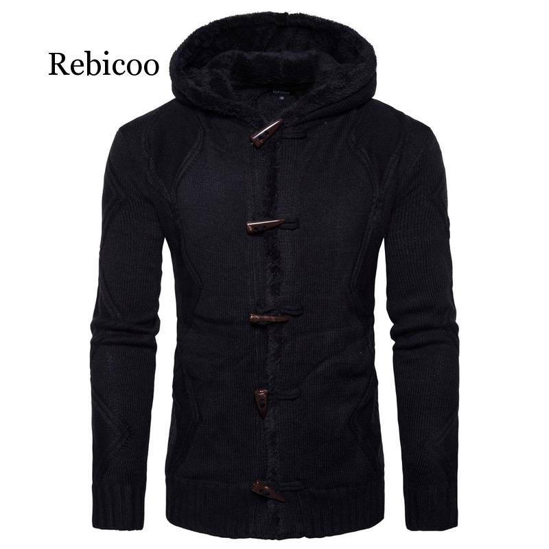 Hiver hommes chandail manteau boeuf corne boucle pull épaissir veste polaire tricoté à capuche Cardigan décontracté solide pardessus: Black / XXL