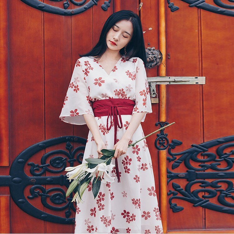 Vestido japonés de estilo Kimono para mujer, ropa tradicional Kawaii, con estampado de Sakura y Geisha Vintage, hasta la pantorrilla: XXL