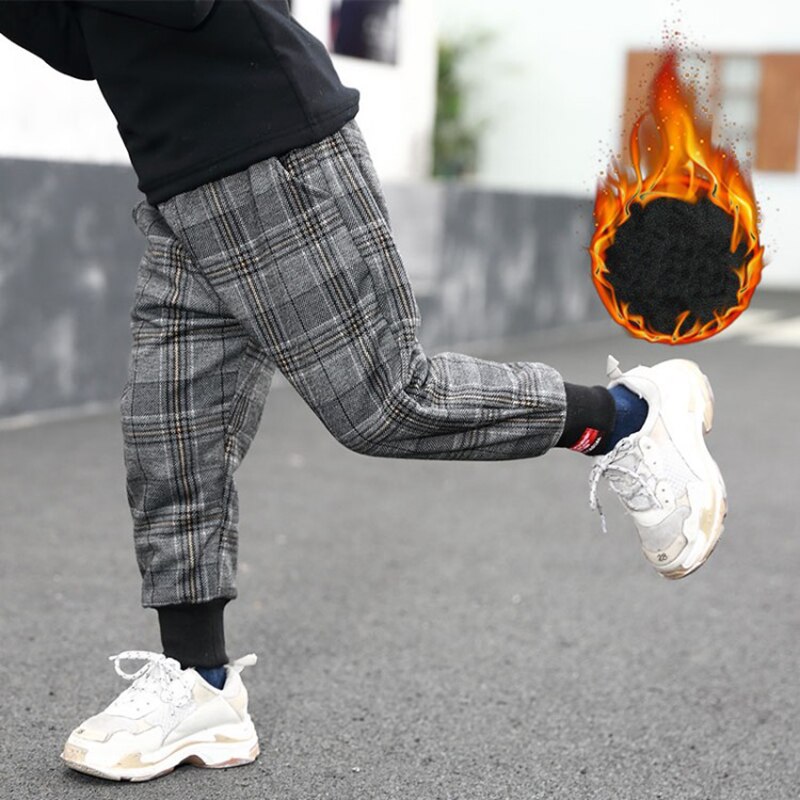 Boys Winter Thick Plaid Pants Casual Label Pants For Boys Fashionable Loose Pants Kids Velvet Long Pants Children Trousers 2-10Y