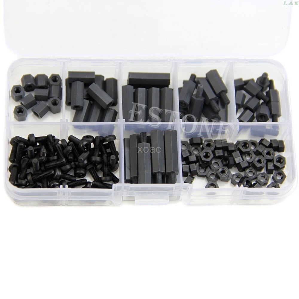 160 Uds M3 Nylon negro M-F Hex bola Kit surtido de tuercas de tornillo de soporte de caja de juego de M08