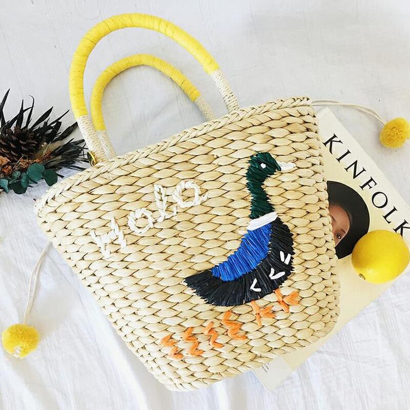 Sommar liten väska semester handbroderad mini handgjord stråväska crossbody semesterväska: Medelgul