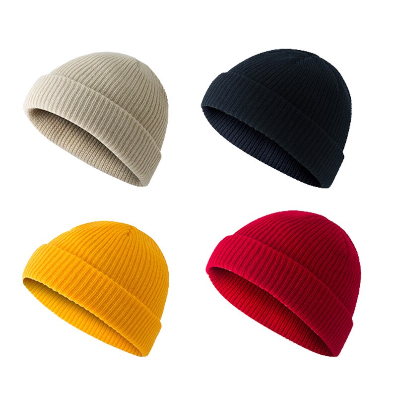Unisex Winter Geribbelde Gebreide Caps Cuffed Korte Meloen Skullcap Effen Kleur Baggy Retro Ski Docker Beanie Hat Slouchy Classicial