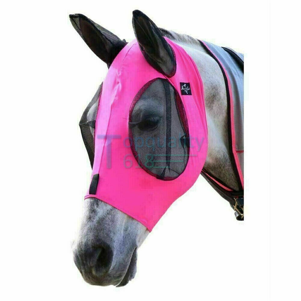 Safe Horse Fly Mask Waterproof Full Face Mesh Protective Detachable Horse Wear Equestrian Safety Ear: Pink