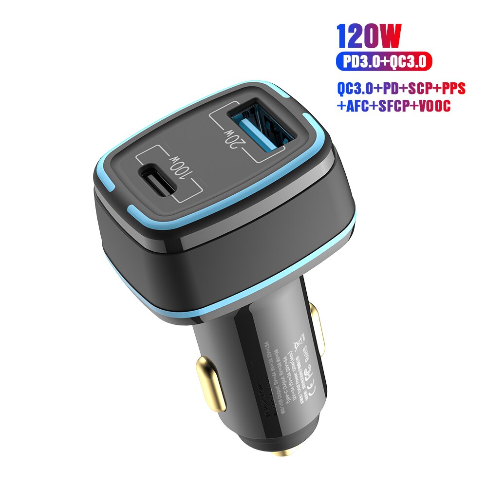 85W LED Auto Ladegerät USB Typ C 3Hafen PPS SCP AFC PD QC 3,0 Schnell Ladegerät Für Laptop Auto Telefon Ladegerät Für iPhone Huawei Samsung: Schwarz 120W
