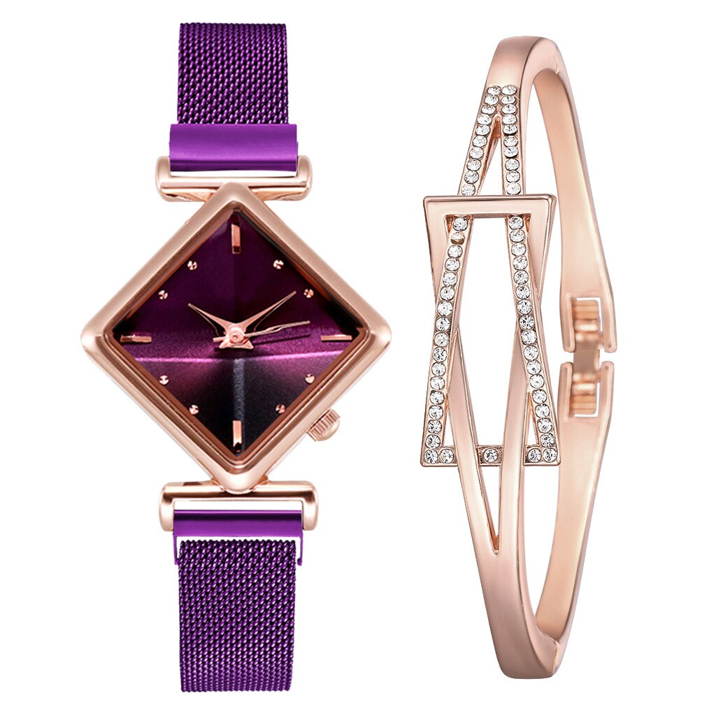 Conjunto de relojes de pulsera magnéticos para mujer, pulsera cuadrada de lujo de cuarzo, reloj de vestir femenino,: purple set