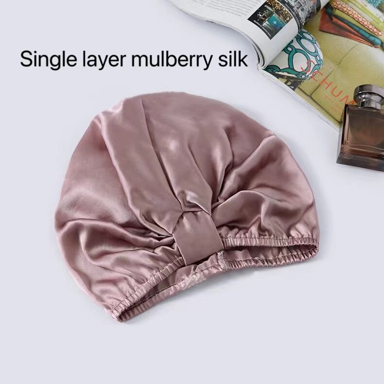 100% puro seda amoreira elástica noite boné amoreira seda envoltório de cabelo dormir gorro para mulher 19 momme sleeping cap único/duplo: Dark purple 01