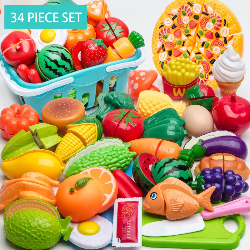 Kit de cocina de plástico para niños, juego de simulación de frutas y verduras, juguete educativo para cortar, de cumpleaños, 150 piezas: 34-piece set