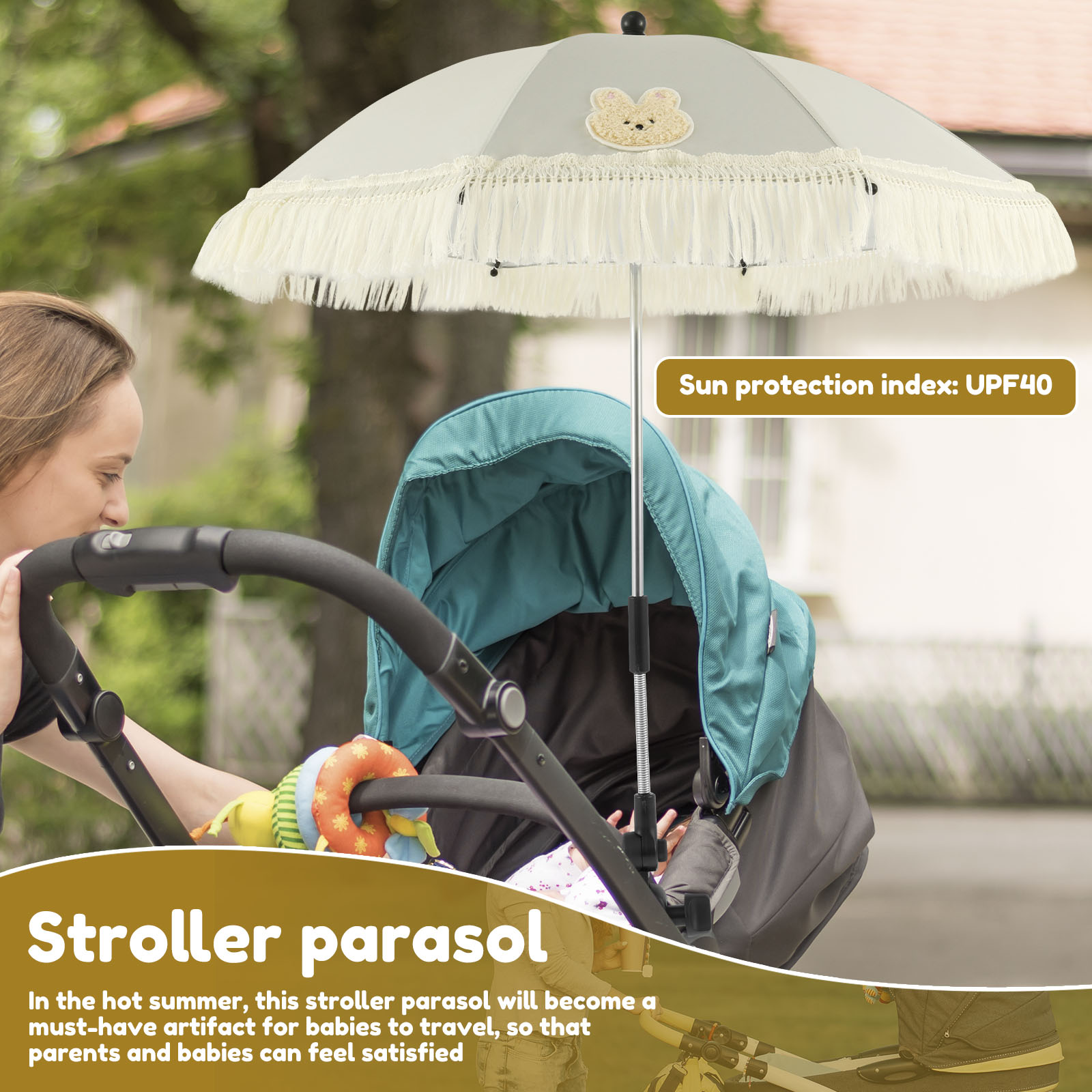 Kinderwagen-sonnenschirm für draußen, upf 40, niedlicher Clip-sonnenschirm, verstellbarer kinderwagen-regenschirm mit quaste für kinderwagen