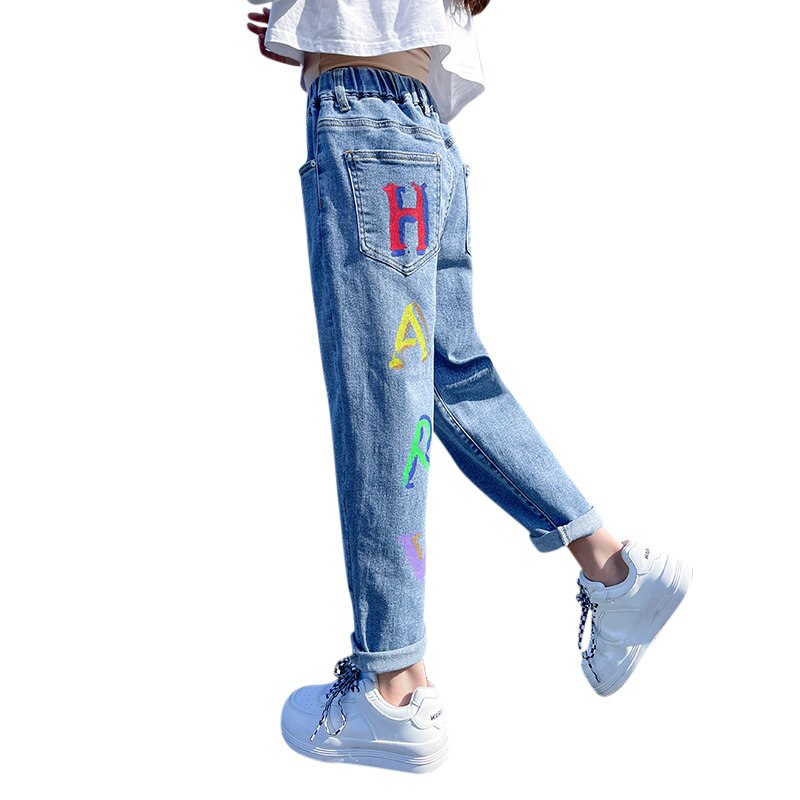 Pantalones vaqueros con estampado de letras para niña joven, pantalón de tubo informal a la , color azul, para escuela, 6, 8, 10, 12 y 14 años, para primavera y otoño