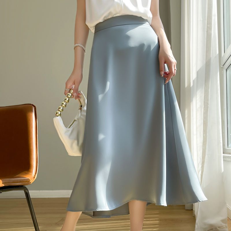 Acetic Satin High Sense Skirt Women's A-Shaped Mid-Length Skirt In Spring And Summer High Waist And Slim Umbrella Skirt: L / Beige