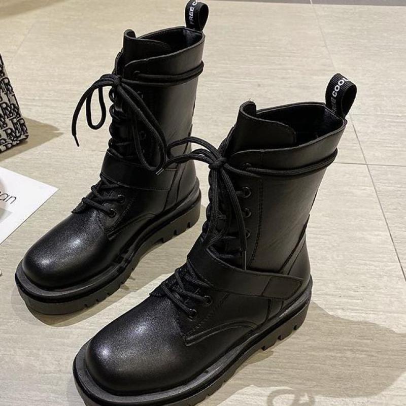 Mid-calf støvler komfortable sko elegante snøre platform støvler efterår all-match britisk vind pu læder kvinde krydsbundet: Sort / 35