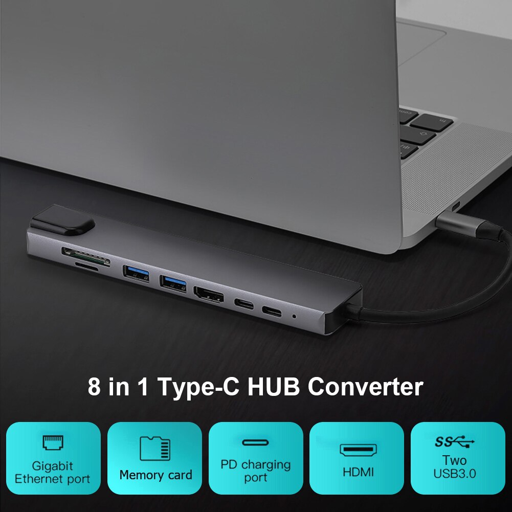 8 In 1 Type-C Hub Converter Splitter 4K Hdmi-Compatibel 2 USB3.0 Usb C Pd Sd/Tf Kaartlezer RJ45 Adapter Voor Laptop Pc