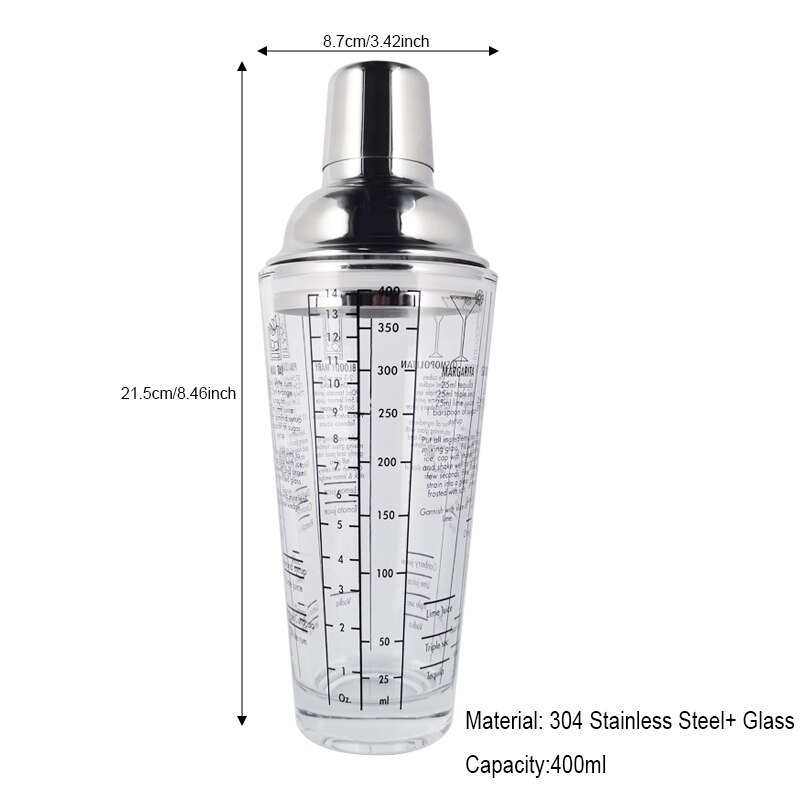 550ML/750ML Cocktail Shaker Mixer Stainless Steel Wine Boston Shaker Glass 400ml Bartender Drink Party Rose Gold Bar Tools: Glass 400ML