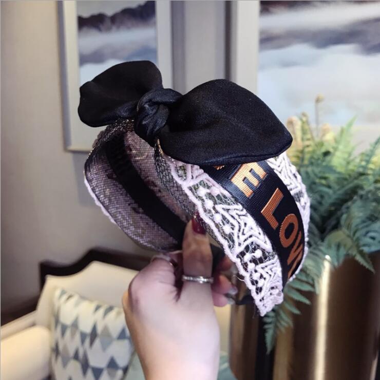 Mode Vrouwen Haarband Brede Zijde Heaband Retro Elegante Strik Haarband Volwassen "LIEFDE" Brief Kant Doek Haar accessoires: pink hairband