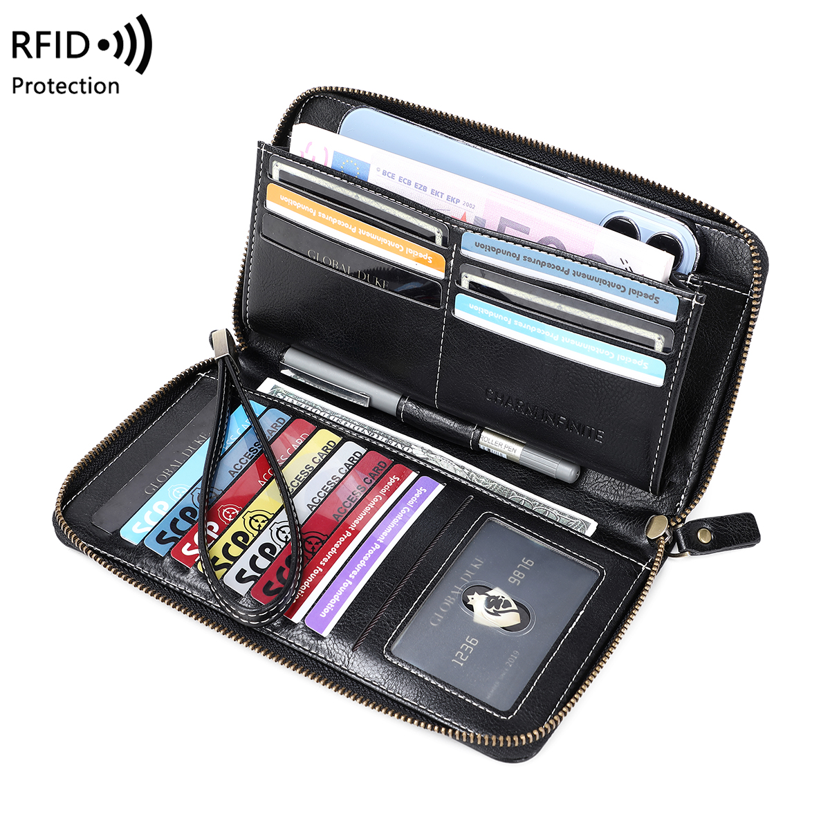 RFID anti-diefstal borstel portemonnee voor dames, meerdere sleuven, vintage, grote capaciteit, multifunctionele, stijlvolle clutch met polsband: Black