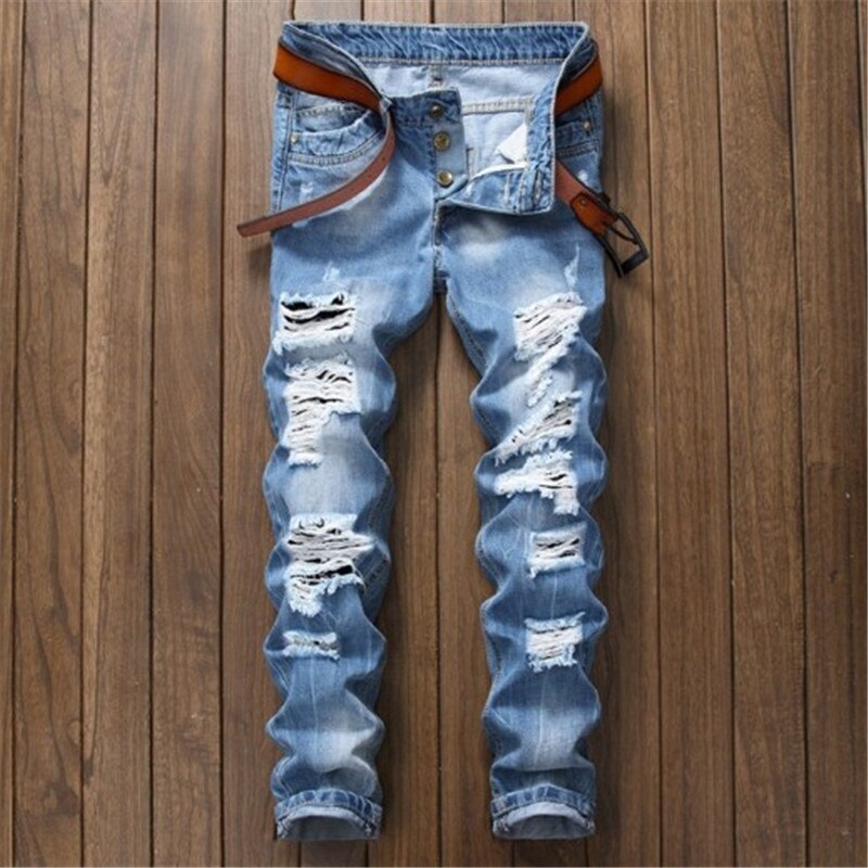 Original Style Worn-Out Middle-Waist Jeans European American Summer Light Blue Ripped Denim Pants Fashionable Trouser