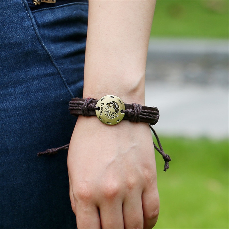 12 konstellationer armbånd smykker læder armbånd mænd afslappet personlighed stjernetegn punk armbånd