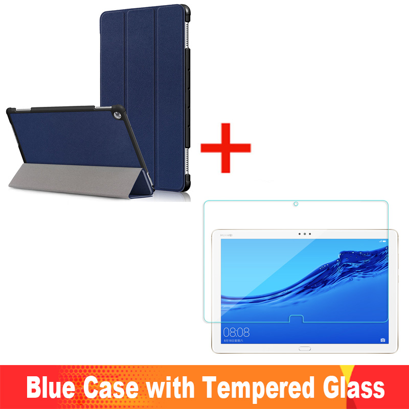 Para Huawei MediaPad M5 Lite funda 10 BAH2-W19/L09/W09 Ultra delgada Pu cuero Smart Stand cubierta para media Pad M5 Lite 10,1": Blue Case add Glass