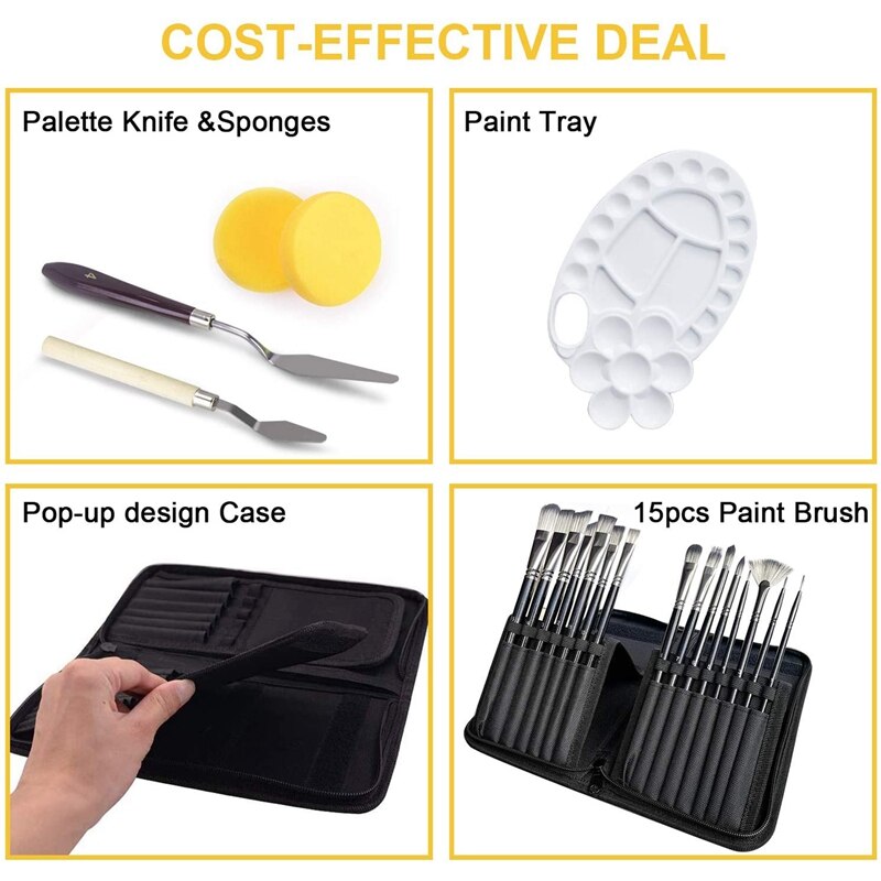 20 Stuks Kwast Set Voor Acryl Olie Aquarel Penselen Met 1 Verf Lade, 2 Paletmes En 2 Sponzen