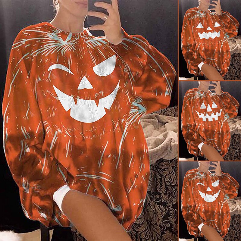 2021 bluzy z nadrukiem sweter kreskówka halloweenowa twarz ducha wycięcie pod szyją kolor dyniowy luźna bluza na codzienny jesień zima N66