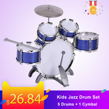 Børn børn jazz trommesæt kit musikpædagogisk instrument legetøj 5 trommer  + 1 bækken med små skammel trommestikker til børn