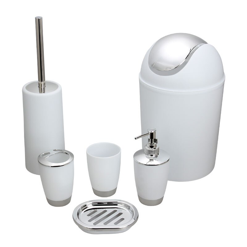 6 Stuks Badkamer Accessoires Set Tandenborstelhouder Cup Zeepdispenser Schotel Toiletborstel Prullenbak Plastic Tumbler Cup Washroom Tool: White