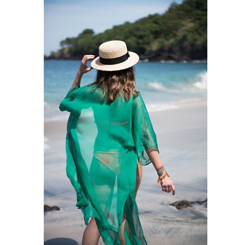 Sommer solid langærmet bikiniovertræk damer strand lang maix kafan svømmetøj strandtøj sundress: Grøn