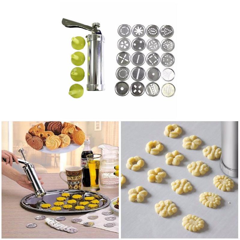 Kjekspressesett cookie maker maskinsett rustfritt stål 20 skiver 4 glasur tips spritz deig kjeks som lager kakepynt