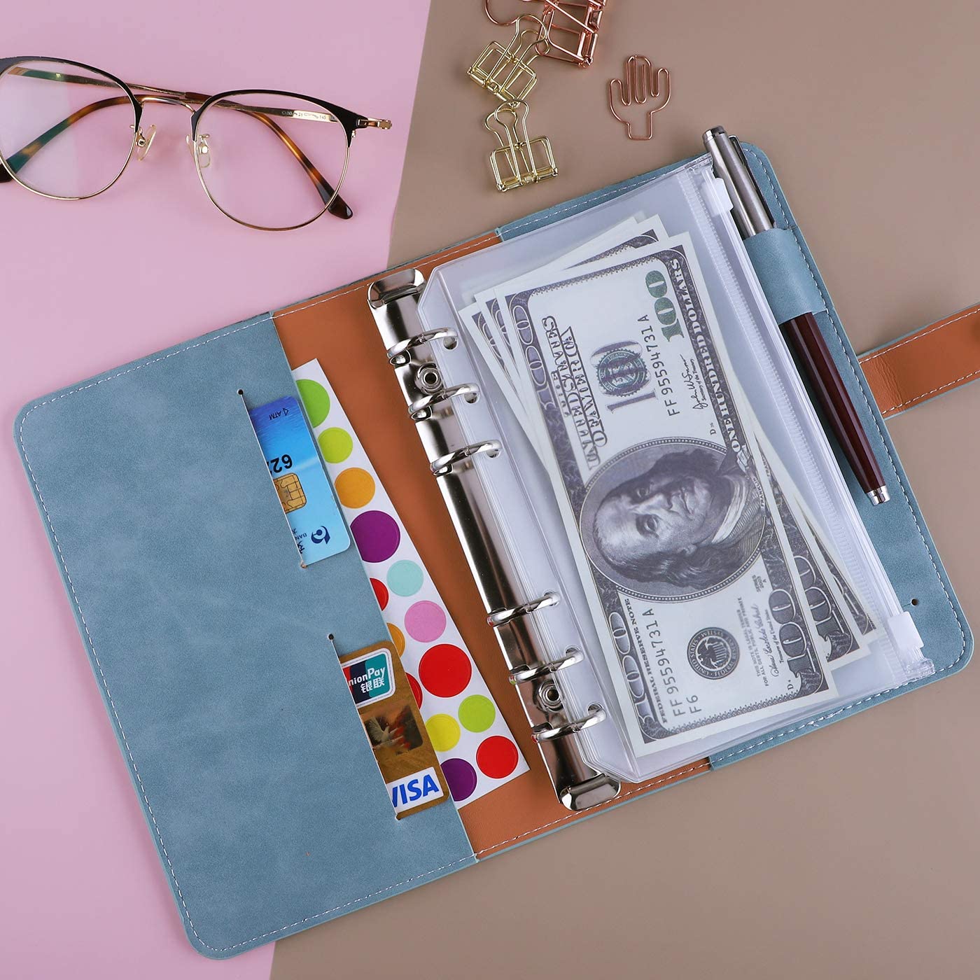 A6 PU Leather Notebook Binder Refillable 6 Ring Binder Cover for A6 Filler Paper Binder Pockets Personal Planner Binder