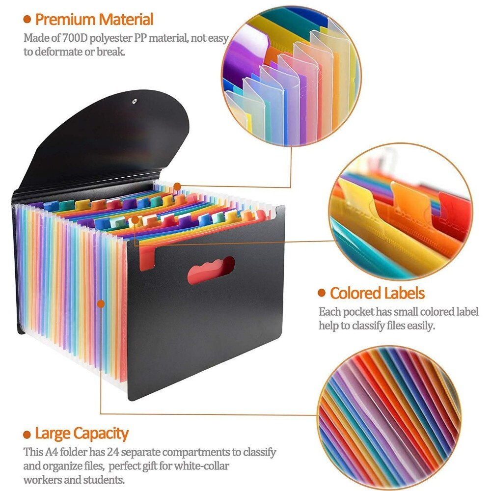 Expanding File Folder 13/24 Pockets File Organiser A4 File Folder Rainbow Document Organiser for Storage Files