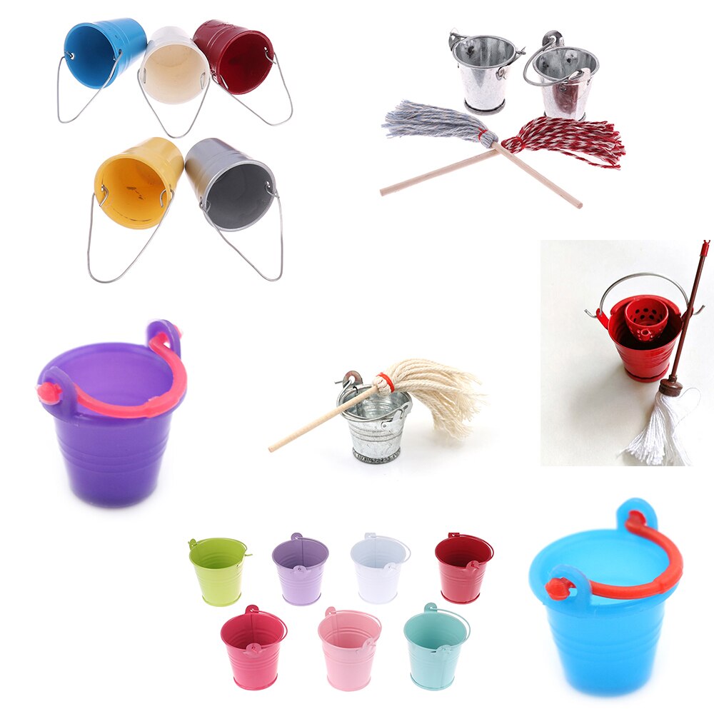 1:12 Mini Colorful Buckets Garden Mop Decoration Miniature Toy Doll Food Kitchen Living Room Accessories for Dollhouse