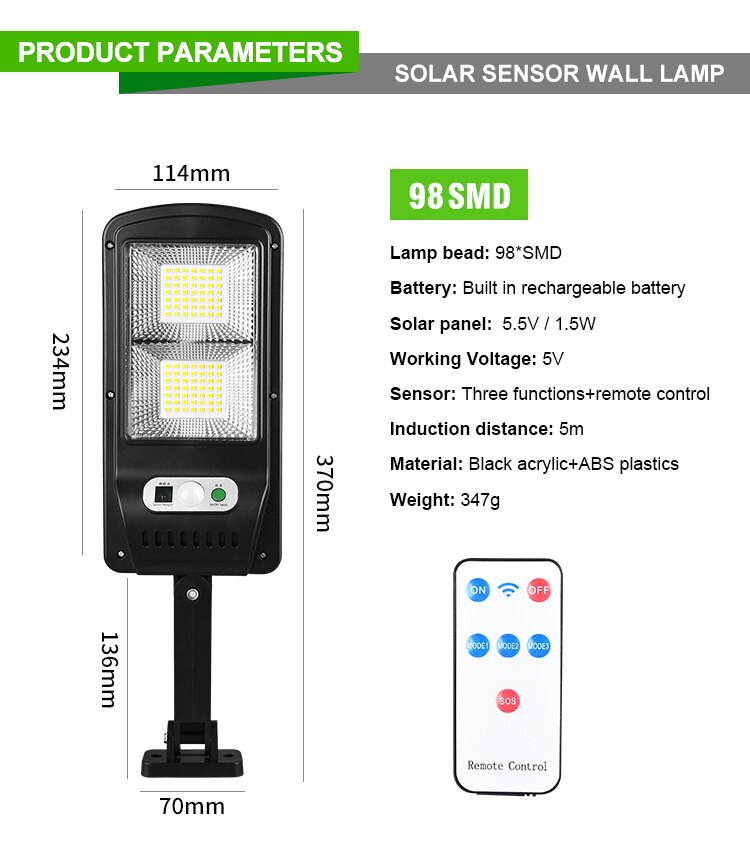Motion Sensor Solar Led Light Remote Outdoor Wall Street Light Waterproof Human Body Induction Garden Multi-Mode Solar Lamps: 98 SMD