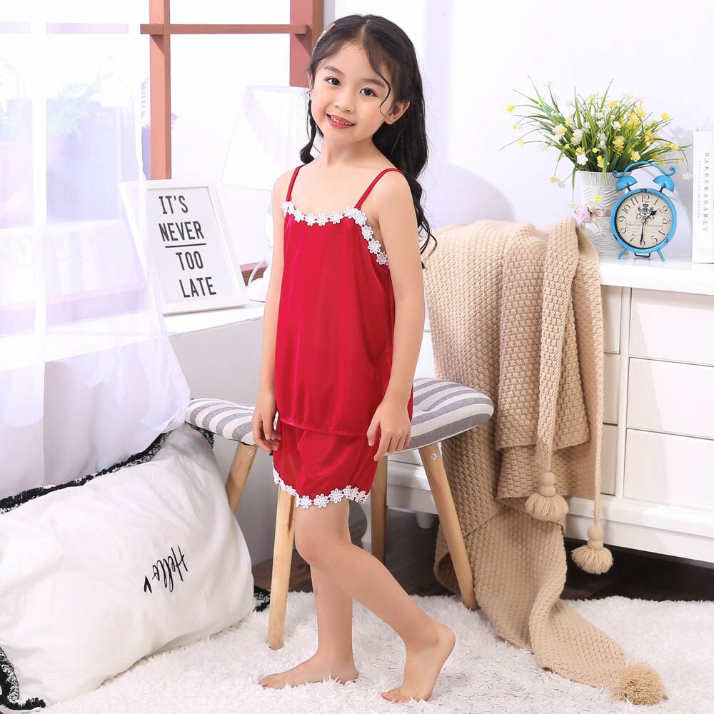 Kids Sleepwear Sets for Girls Pajamas 2022 Summer Red Satin Lace Suspenders Top+Shorts Outfit Children Nightwear Clothes