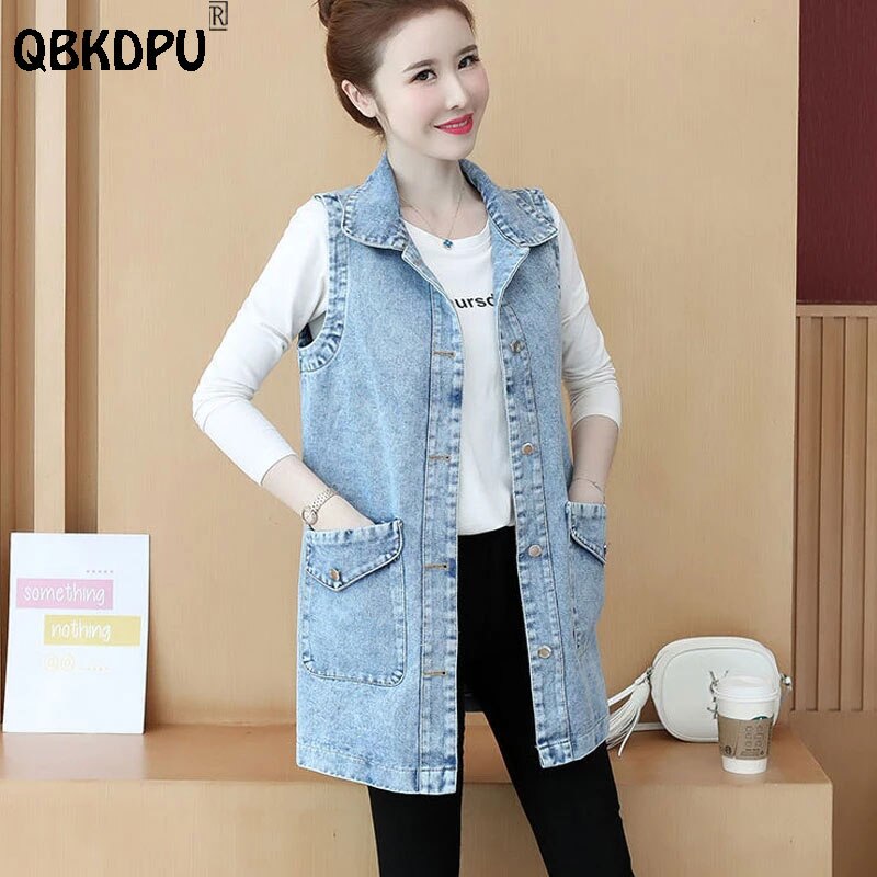 Chaqueta vaquera sin mangas para mujer, chaleco vaquero holgado de longitud media con botones, color azul claro, coreana, talla grande, informal