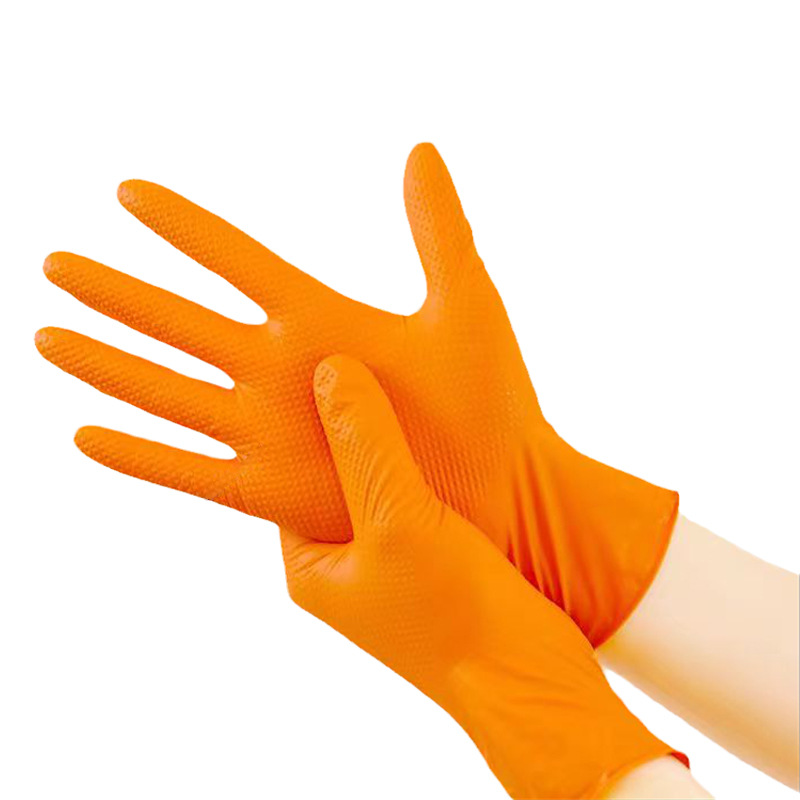 Heavy Duty 8Mil Orange Nitrile Gloves Industrial Disposable Diamond Textured Grip Mechanic Safety Work Gloves