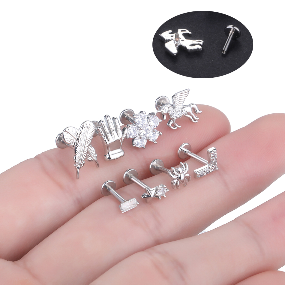 1 pieza de pluma de araña labio Monroe Studs Labret Piercing 16G CZ flor cartílago de la oreja Tragus Daith lóbulo Piercing pendiente para mujeres y hombres
