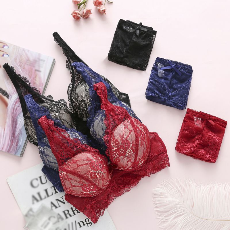 Lace Hollow Out Bralette Underwear Panty Set Women Sexy Lady Push Up Bra Set