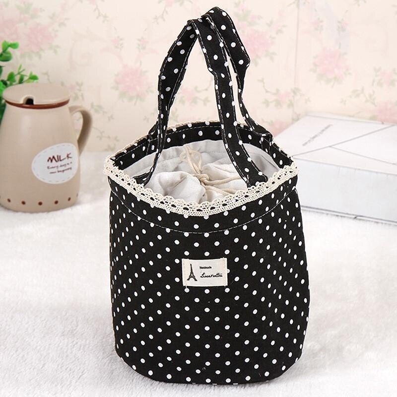 Lunch Bag Lunch Cooler box Polka Dot Lunch Small Tote Pouch Container Box Pink handbag Bolsa Termica Lancheira: Black / S