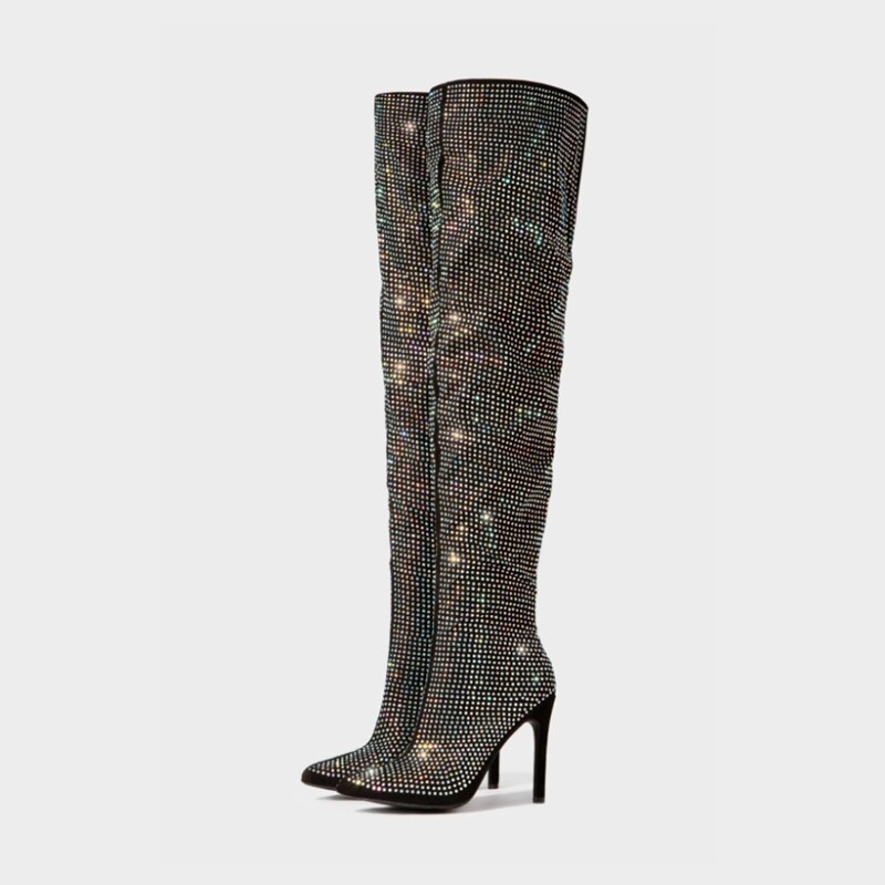 Luxe brillant strass ornement femmes cuissardes longues sur le genou côté Zip chaussures à talons hauts bottes grande taille 43