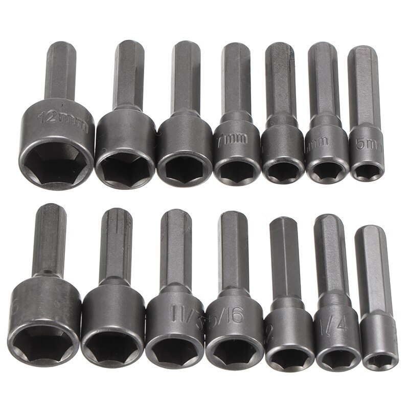 14pcs Power Nut Driver Set Dual Metric Standard Hexagon Handle Socket Screwdrivers Nut Driver Socket Bit Power Adapter