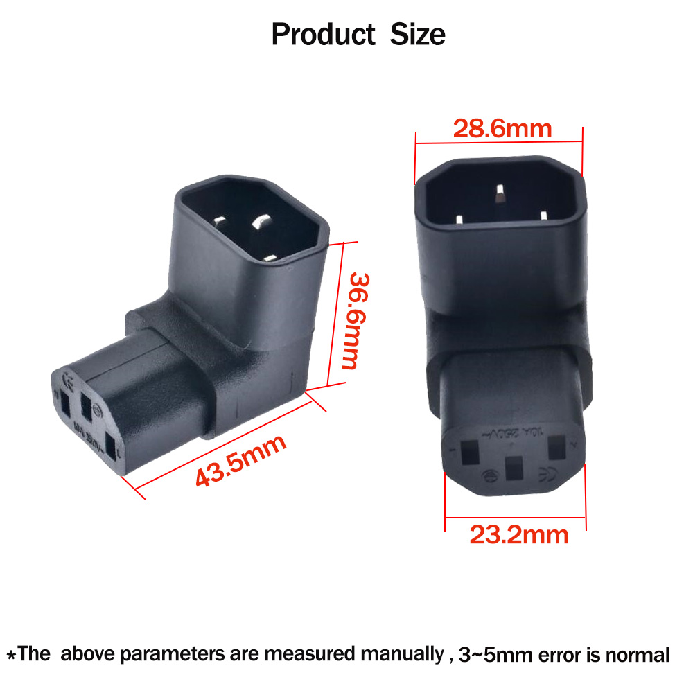 IEC 320 C14 to C13 Right Angle AC Adapter, IEC 3Pole Male to Female 90Degree Down/ Up Angle AC converter 250V 10A