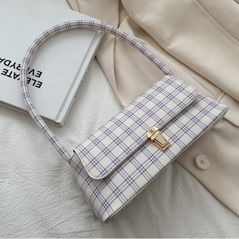Bolso cruzado retro a cuadros para mujer, baguette con axilas, cadena de hombro, bolso de mano femenino y monedero: type 1 purple