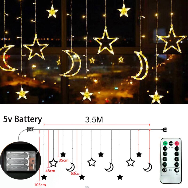 Mond Sterne LED Lichterkette Schnur Weihnachten Neue Jahr Girlande Vorhang Lampe Ramadan Dekoration Für Heimat Schlafzimmer Fenster Eid Mubarak: Batterie romote warm