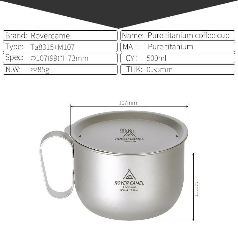draussen Titan Tasse 500ml mit deckel Geschirr Camping Kaffee Tee Becher Tasse Picknick Camping Becher Wasser Tasse
