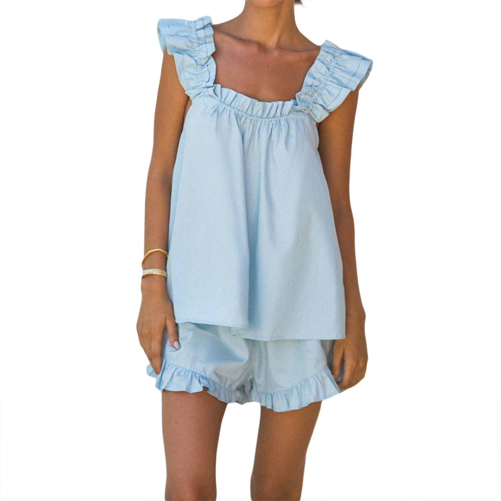Damen Schlafanzug setzt Damen Sommer 2 Stück Schlafanzug setzt ärmellose rücken freie Schlinge Weste einfarbige Rüschen kurze Hose Streetwear y2k: S / Blau