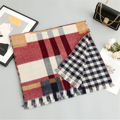 Nova chegada da moda outono inverno xadrez cachecol feminino quente de alta qualidade elegante bonito duplo lado fresco adorável vintage borla xale: Vermelho Vinho