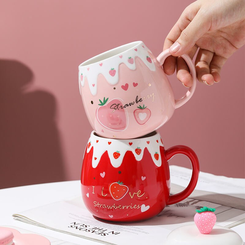 Taza de café con dibujo de fresa en 3D para niña, herramienta ecológica de cerámica para beber té, leche, restaurante, taza de oficina, , J489