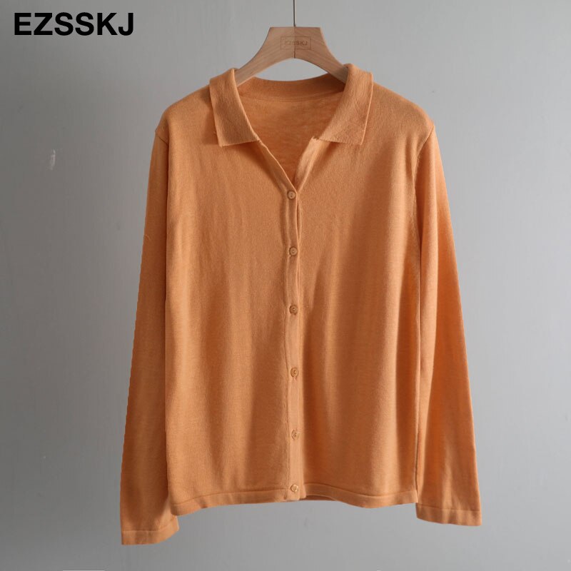 Casual kvinner genser turn-down krage strikket cardigan langermet løs vårgenser cardigan kvinnelig basic jakke: Oransje
