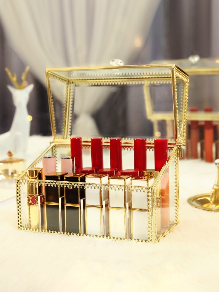 Retro kopparkant glas läppstiftslåda kosmetiska smycken förvaringslåda genomskinligt guld brons sminkorganisator badrumsställ