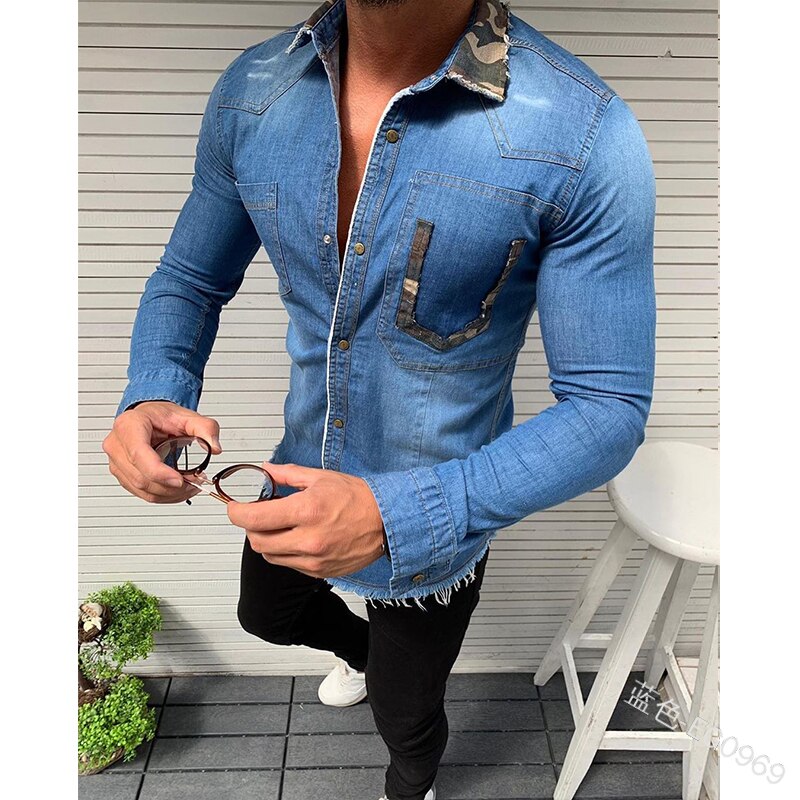Mandlig vintage denim skjorte efterår herre camouflage sim fit langærmet skjorte rå kant mand hemd skjorte chemise blanche: Blå / Xxxl